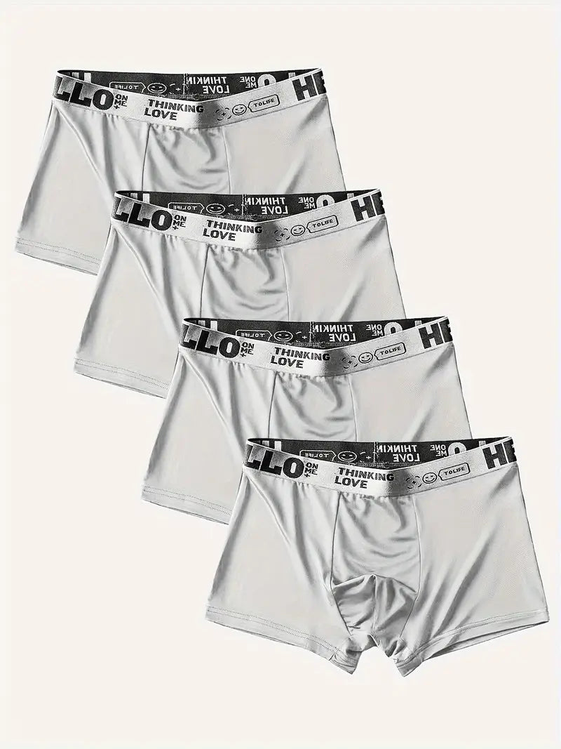 pcs Men'S Boxer Briefs with "Hello" Lettering & Print - Soft, Comfortable Beige Series